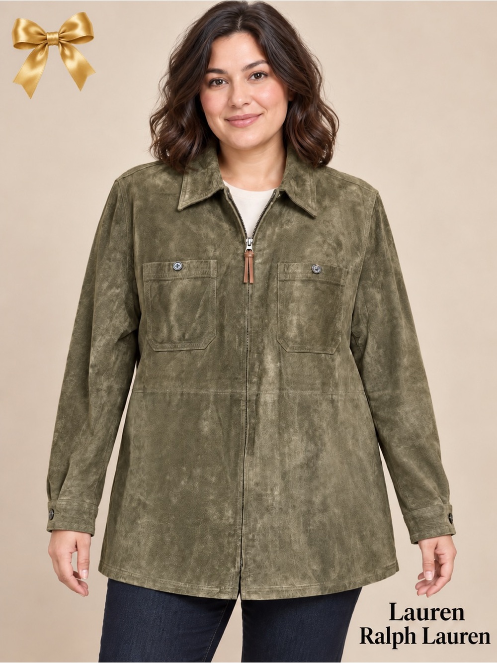 Lauren Ralph Lauren Petite Suede Leather Utility Jacket Brown